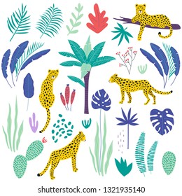 Seamless pattern with leopards and tropical leaves. Vector illustration