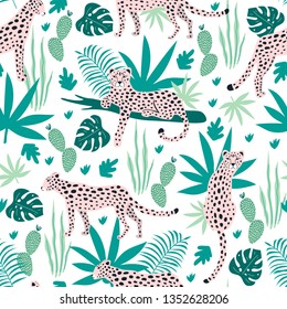Seamless pattern with leopards and tropical leaves. Vector illustration
