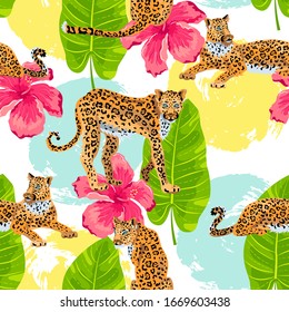 Seamless pattern with leopards, tropical leaves and flower hibiscus, hand drawn style rounds. Vector illustration.