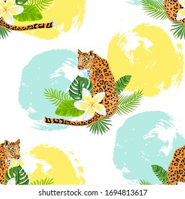 Seamless pattern with leopards, tropical leaves and plumeria flower, hand drawn style rounds. Vector illustration.