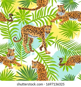 Seamless pattern with leopards, tropical leaves and hand drawn style rounds. Vector illustration.