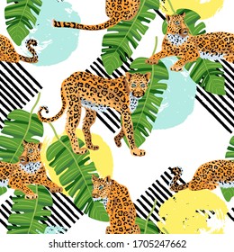 Seamless pattern with leopards, tropical leaves, hand drawn style rounds and stripes. Vector illustration.