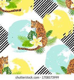 Seamless pattern with leopards, tropical leaves and plumeria flower, hand drawn style rounds and stripes. Vector illustration.
