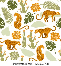 Seamless pattern with leopards in tropical leaves, cacti and succulents. Wildlife, flora and fauna. Vector illustration.