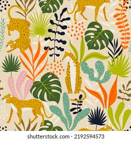 seamless pattern with leopards and tropical leaves