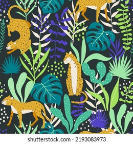 seamless pattern with leopards and tropical leaves
