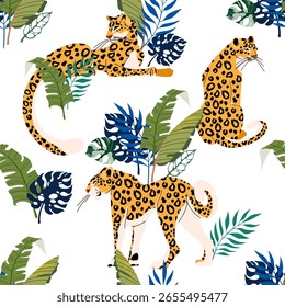 Padrão contínuo com leopardos e folhas tropicais. Leopardos sobre um fundo branco cercados por plantas tropicais. Ilustração vetorial