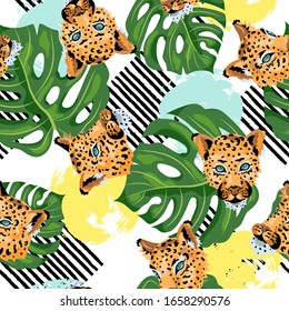 Seamless pattern with leopards, tropical monstera leaves and hand drawn style rounds and stripes. Vector illustration.