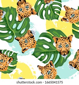 Seamless pattern with leopards, tropical monstera leaves and hand drawn style rounds. Vector illustration.