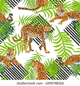 Nahtloses Muster mit Leoparden, tropischen Palmenblättern und handgezeichneten Streifen. Vektorillustration.
