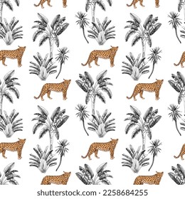 Seamless pattern with leopards and tropical palms.