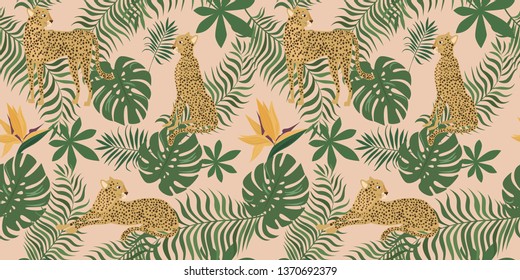 Seamless pattern with leopards and tropical plant. Editable vector illustratin.