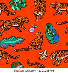 Seamless pattern. Leopards in the tropics. A rainforest. Monstera leaves. Cute illustration of a wild cats.