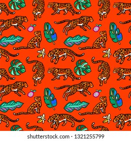 Seamless pattern. Leopards in the tropics. A rainforest. Monstera leaves. Isolated on an orange background.