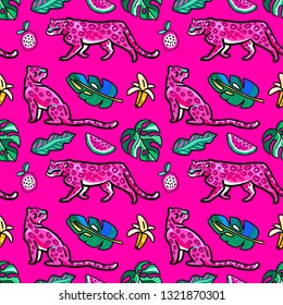 Seamless pattern. Leopards in the tropics. A rainforest. Monstera leaves. Isolated on an pink background. Trendy print.