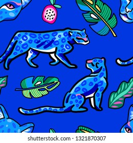Seamless pattern. Leopards in the tropics. A rainforest. Nightly jungle. Isolated on an blue background.