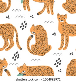 Seamless pattern with leopards. Vector illustration for printing on fabric, Wallpaper, dishes, postcard, picture, bed linen, children's products. Cute baby background. 