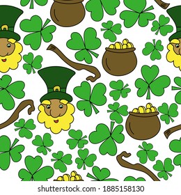 Seamless pattern with a leprechaun, a cauldron with coins and a staff, a symbol of good luck clover on a white background vector illustration