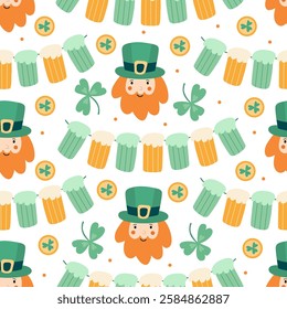 Seamless pattern with leprechaun faces, beer mugs, shamrocks, gold coins, and festive garlands. Perfect for St. Patrick’s Day fabric, wrapping paper, wallpaper, and party decorations