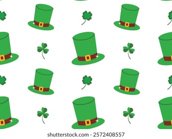 Seamless pattern with Leprechaun hat, Clover. Vector illustration with attributes for St. Patrick's Day holiday on white background, ideal for textile, wrapping paper, wallpaper