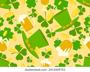 Seamless pattern with leprechaun hat, green clover leaves, glasses of beer and gold coins for St. Patrick's Day. Symbols of the Irish holiday. Design for wallpaper and cover. Vector illustration