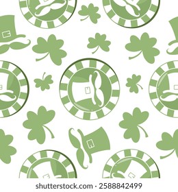 seamless pattern with leprechaun hat and green chips with hat prints arranged randomly, for holiday designs for St. Patrick's Day