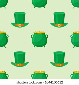 Seamless pattern with leprechaun hat and pot of gold on green background. Vector texture.
