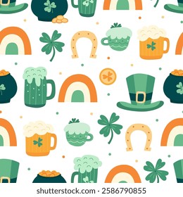 Seamless pattern with leprechaun hats, beer mugs, pots of gold, shamrocks, rainbows, and horseshoes for St. Patrick’s Day. Great for fabric, wrapping paper, wallpaper, and festive decorations