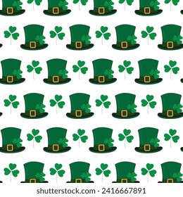 Seamless pattern of Leprechaun hats with ribbon buckle and shamrocks. St. Patrick background texture