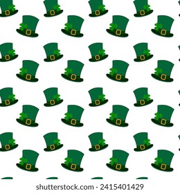 Seamless pattern of leprechaun hats and shamrock under buckle ribbon. Design concept for backdrop