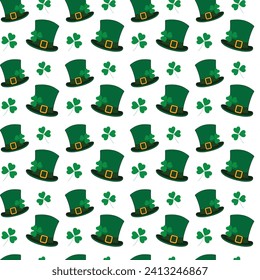 Seamless pattern of leprechaun hats and shamrocks in trendy green. St. Patricks backdrop concept