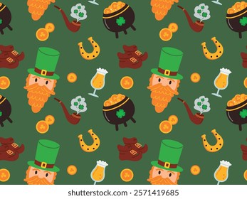 Seamless pattern with leprechaun, horseshoe, pile of gold coins. Happy St. Patrick's Day. Suitable for textile printing, posters, banners, wrappers and wallpapers.