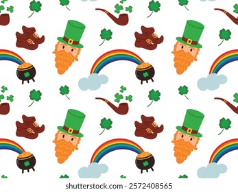 Seamless pattern with Leprechaun, rainbow and cauldron with gold. Vector illustration for St. Patrick's Day on white background, perfect for textile, wrapping paper, invitations, wallpapers