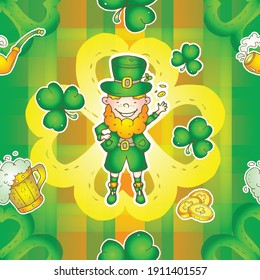Seamless pattern - Leprechaun, tartan, St Patrick's Day. Irish
