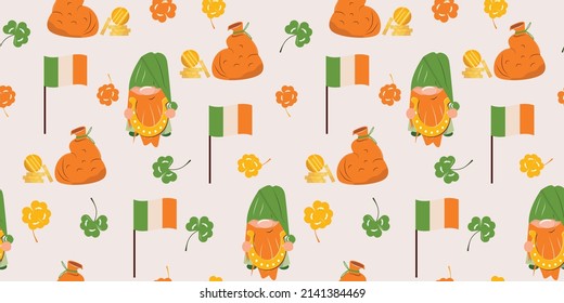 Seamless pattern with leprechauns, coins, Irish flags and clovers. St. Patrick's day seamless pattern. For textile, wrapping paper, packaging. Vector pattern.