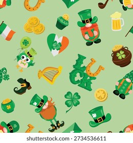 Patrón sin fisuras con duendes y símbolos del día de San Patricio de la suerte