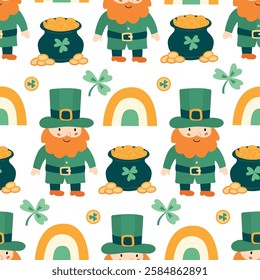 Seamless pattern with leprechauns, pots of gold, shamrocks, and rainbows for St. Patrick’s Day. Perfect for fabric, wrapping paper, wallpaper, and festive decorations