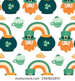 Seamless pattern with leprechauns, pots of gold, rainbows, and shamrocks for St. Patrick’s Day. Perfect for fabric, wrapping paper, wallpaper, and festive decorations