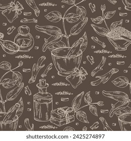 Seamless pattern with  leptadenia reticulata: plant, fruits and leptadenia reticulata roots. Oil, soap and bath salt . Cosmetics and medical plant. Vector hand drawn illustration