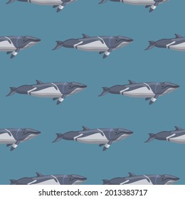 Seamless pattern lesser rorqual on blue background. Template of cartoon character of ocean for fabric. Repeated geometrical texture with marine cetacean. Design for any purposes. Vector illustration.