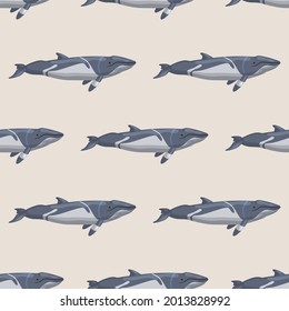 Seamless pattern lesser rorqual on beige background. Template of cartoon character of ocean for fabric. Repeated geometrical texture with marine cetacean. Design for any purposes. Vector illustration.