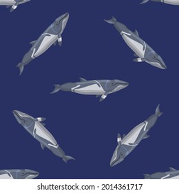 Seamless pattern lesser rorqual on blue background. Template of cartoon character of ocean for fabric. Repeated diagonal texture with marine cetacean. Design for any purposes. Vector illustration.