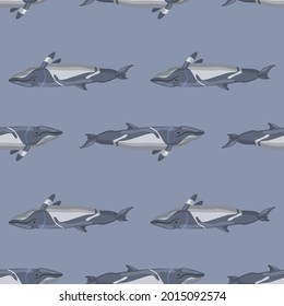 Seamless pattern lesser rorqual on gray background. Template of cartoon character of ocean for fabric. Repeated inverted texture with marine cetacean. Design for any purposes. Vector illustration.