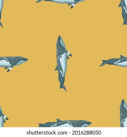 Seamless pattern lesser rorqual on yellow background. Template of cartoon character of ocean for fabric. Repeated geometrical texture with marine cetacean. Design for any purposes. Vector illustration