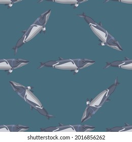 Seamless pattern lesser rorqual on teal background. Template of cartoon character of ocean for fabric. Repeated diagonal texture with marine cetacean. Design for any purposes. Vector illustration.