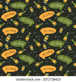 Seamless Pattern Of Let's Party Font With Champagne Bottles, Can And Snowfall On Black Background.