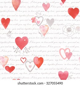 Seamless pattern of letter about love with flowers and hearts, vector illustration on white background. 