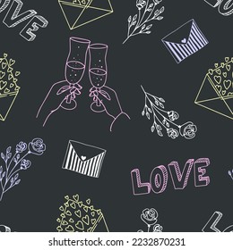 Seamless pattern letter love in doodle style. Romantic poster.