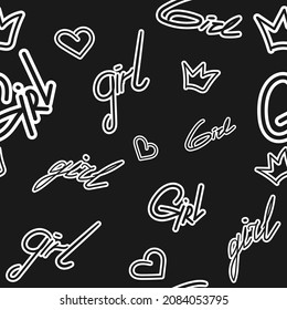 seamless pattern with lettering, black background for girls, graffiti and doodle style, stylish and trendy print.