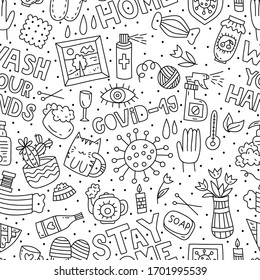 Seamless pattern with lettering and doodles on stay home theme